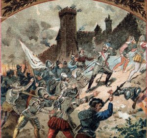 धार्मिक युद्ध: हुगुएनोट्स ने 1567 में डैम्पियरे के महल पर कब्जा कर लिया। 19 वीं शताब्दी के अंत की क्रोमोलिथोग्राफी द्वारा फ्रेंच स्कूल
