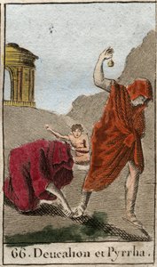 Deucalion और Pyrrha का प्रतिनिधित्व, मानव जाति को नष्ट करने के लिए ज़ीउस के कारण हुए जलप्रलय के बाद एकमात्र जीवित बचे। जलप्रलय के बाद थेमिस उन्हें अपनी माँ की हड्डियों (पृथ्वी के पत्थरों) को पीछे फेंककर सिर ढक कर चलने के लिए कहते हैं (रे द्वारा फ्रेंच स्कूल