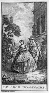 जीन बैप्टिस्ट पॉक्वेलिन डिट मोलिरे (1622-1673) द्वारा "" Sganarelle ou le cuckold imaginaire" (1660) के टुकड़े से एक दृश्य का प्रतिनिधित्व। 1738 से उत्कीर्णन। द्वारा फ्रेंच स्कूल