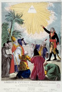 नेपोलियन बोनापार्ट (1769-1821) द्वारा बनाए गए सभी धर्मों की पूजा की स्वतंत्रता का प्रतिनिधित्व: पहला कौंसल ट्रिनिटी के त्रिकोण को इंगित करता है जो प्रत्येक धर्म के प्रतिनिधियों द्वारा आने वाले भगवान का प्रतीक है: कैथोलिक ईव, एक यहूदी, एक क्वेकर, द्वारा फ्रेंच स्कूल