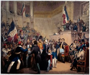 1848 की क्रांति। डचेस ऑफ ऑरलियन्स रीजेंसी (24 फरवरी) प्राप्त करने के लिए अपने बच्चों के साथ हाउस ऑफ डेप्यूट्स (नेशनल असेंबली) में दिखाई दे रही है द्वारा फ्रेंच स्कूल