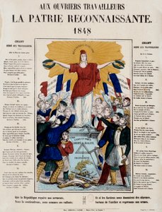 1848 की क्रांति और दूसरे गणतंत्र का जन्म: घोषणापत्र और गीत "मजदूरों के लिए, आभारी मातृभूमि" शीर्षक से, गणतंत्र को श्रमिकों द्वारा बधाई दी जाती है। 1848 पेरिस, मुसी कार्नावाले द्वारा फ्रेंच स्कूल