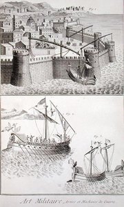 नेवल वारफेयर के लिए रोमन मशीनरी, डेनिस डाइडरोट (1713-84) द्वारा 'एनसाइक्लोपीडी डेस साइंसेज एट मेटियर्स' से प्रकाशित, c.1770 (उत्कीर्णन) द्वारा फ्रेंच स्कूल