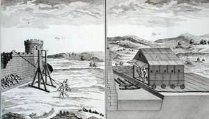 रोमन घेराबंदी मशीनरी, डेनिस डाइडरॉट (1713-84) द्वारा 'एनसाइक्लोपीडी डेस साइंसेज एट मेटियर्स' से प्रकाशित, c.1770 (उत्कीर्णन) द्वारा फ्रेंच स्कूल