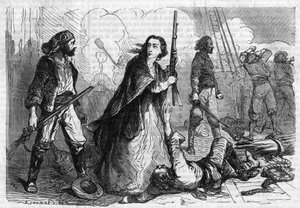 रोमन धारावाहिक: अलेक्जेंड्रे डुमास (1802-1870) द्वारा "" जोसेफ गैरीबाल्डी के स्मारक ""। अनीता गैरीबाल्डी (1821-1849), ग्यूसेप गैरीबाल्डी की पत्नी, हाथ में राइफल लेकर युद्ध में भाग लेती हुई। "" लेस बोन्स रोमांस "" में द्वारा फ्रेंच स्कूल