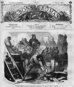 रोमन धारावाहिक: विक्टर ह्यूगो (1802-1885) द्वारा "" नोट्रे डेम डे पेरिस ""। एक आदमी दो महिलाओं को फुटपाथ पर ले जाता है। "" लेस बोन्स रोमांस "" में उत्कीर्णन द्वारा फ्रेंच स्कूल