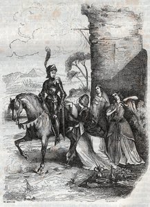 अल्जीना के दरबार से रग्गिएरो और तीन अप्सराएं - 1851 की कविता ओरलैंडो फ्यूरियोसो से उत्कीर्णन द्वारा फ्रेंच स्कूल