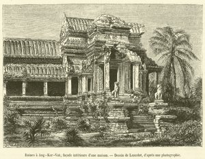 अंग-कोर-वाट के खंडहर, एक घर का आंतरिक भाग (उत्कीर्णन) द्वारा फ्रेंच स्कूल