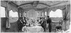 1874 में ड्यूक एंड डचेस ऑफ एडिनबर्ग द्वारा इस्तेमाल की जाने वाली रूसी शाही ट्रेन: डाइनिंग रूम वैगन। 6 अप्रैल 1874 के "" ले मोंडे इलस्ट्र्रे"" n°886 में उत्कीर्णन। द्वारा फ्रेंच स्कूल