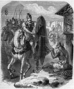 सेंट मार्टिन डी टूर्स (सेंट-मार्टिन-डी-टूर्स, वी। 316-397) एक गरीब आदमी को देने के लिए अपने कोट के दो टुकड़े बनाते हैं। मौरिस लाचत्रे द्वारा "हिस्टोइरे डेस पेप्स-रोइस-क्वीन एंड एम्पीयरर्स ए ट्रैवर्स लेस सेंचुरी" में उत्कीर्णन द्वारा फ्रेंच स्कूल