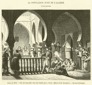1870 का सैलून, एक यहूदी परिवार में Fete des fiancailles, ओरान में (उत्कीर्णन) द्वारा फ्रेंच स्कूल