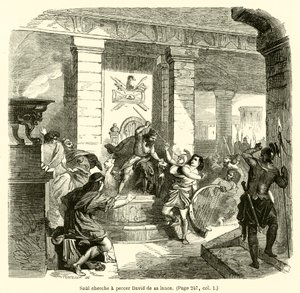 शाऊल ने अपने भाले से दाऊद को छेदने की कोशिश की (उत्कीर्णन) द्वारा फ्रेंच स्कूल