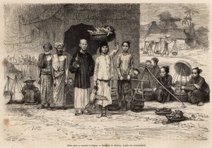 सीन डू मार्चे डे साइगॉन, डी.मेलार्ड द्वारा एक चित्र के बाद उत्कीर्णन, डॉक्टर मोरिस द्वारा कोचीन की यात्रा का चित्रण, 1872 में, "ले टूर डू मोंडे" 1875 में प्रकाशित, एडौर्ड चार्टन, हैचेट संस्करण, पेरिस द्वारा संपादित। सेल्वा संग्रह। द्वारा फ्रेंच स्कूल
