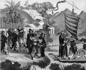 फ्रांस और इंग्लैंड और चीन के बीच दूसरा अफीम युद्ध (1858-1860): संघर्ष का चीनी व्यंग्य। चीनियों के एक समूह की उपहासपूर्ण निगाहों के तहत एक नाव तट पर पहुंचने के लिए तैयार है। नाव पर, फ्रांस (बाएं) और इंग्लैंड का प्रतिनिधित्व करने वाले दो पात्र द्वारा फ्रेंच स्कूल