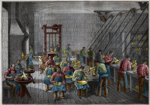 19वीं सदी में फ्रांस में सिल्वरवेयर वर्कशॉप। एडोल्फ बिटार्ड द्वारा 1885 से "लेस आर्ट्स एट मेटियर्स इलस्ट्रेस" में उत्कीर्णन। द्वारा फ्रेंच स्कूल