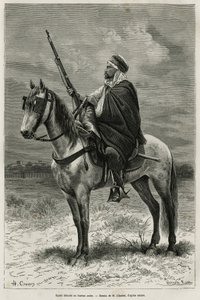 स्पाही, कुशल सवार और फ्रांस की सेवा में अल्जीरिया की विजय में योगदान देने वाले भय, अरब कार्यालय में अलग हो जाते हैं, एच। चार्ल्स द्वारा एक चित्र के बाद उत्कीर्णन, कहानी टेबेसा और उसके स्मारकों (अल्जीरिया) को चित्रित करने के लिए, ए हेरॉन द्वारा डी विलेफोस, द्वारा फ्रेंच स्कूल