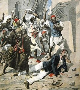मरकेश में डॉक्टर एमिल महाचम्प को मौत के घाट उतारना, ले पेटिट जर्नल का चित्रण, 7 अप्रैल, 1907 द्वारा फ्रेंच स्कूल