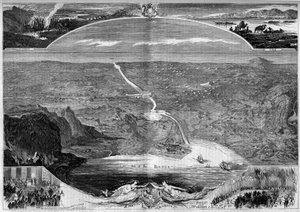 स्वेज नहर: स्वेज (मिस्र) के इस्तमुस में छेद का विहंगम दृश्य, जिसका निर्माण 1859 में शुरू हुआ था। मोरिन द्वारा "" द इलस्ट्रस वर्ल्ड"" में उत्कीर्णन n ° 84 नवंबर 20 द्वारा फ्रेंच स्कूल