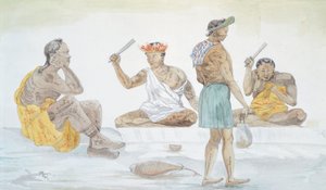 ताहिती क्लॉथ बीटर्स, एलएफ लेज्यून द्वारा जर्नी ऑफ़ लुई आई डुपरे (1822-1825), पोलिनेशिया 19वीं सदी के वाटरकलर से द्वारा फ्रेंच स्कूल