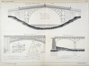 कोलब्रुकडेल (1779, इंग्लैंड) में आयरनब्रिज पुलों के तकनीकी चित्र, पेरिस में ऑस्टरलिट्ज़ और कला, डेबौर, पेरिस, एड द्वारा "मैनुअल डे ल'इनगेनियूर डेस पोंट्स एट चौसीज़" से लिए गए हैं। डुनोडो द्वारा फ्रेंच स्कूल