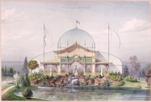 1867 में पेरिस में यूनिवर्सल प्रदर्शनी के गार्डन में टेंट और बिग ग्लासहाउस (कागज पर वाटर कलर) द्वारा फ्रेंच स्कूल
