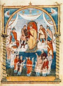 सेंट मार्टिन ऑफ टूर्स के भिक्षुओं से घिरे मठाधीश विवियन, चार्ल्स द्वितीय द बाल्ड को पुस्तक भेंट करते हुए, ९वीं शताब्दी (लघु) द्वारा फ्रेंच स्कूल