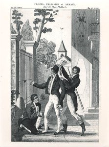 लुई बेनोइट पिकार्ड (1769-1828) की कॉमेडी 'लेस ड्यूक्स फिलिबर्ट' से अभिनेता क्लोज़ेल एक एलिगेंट के रूप में, c. १८१८ (उत्कीर्णन) (बी/डब्ल्यू फोटो) द्वारा फ्रेंच स्कूल