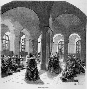 1852 में प्रकाशित एडमंड टेक्सियर द्वारा टैब्लू डी पेरिस में द इंस्टीट्यूट फॉर द यंग ब्लाइंड में बाथरूम द्वारा फ्रेंच स्कूल