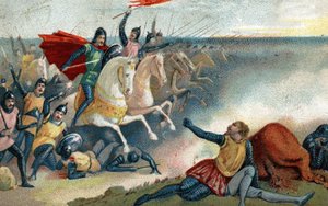 हेस्टिंग्स की लड़ाई 14/10/1066 को हेरोल्ड II के सैक्सन और नॉर्मन आर्मी (विलियम I द कॉन्क्वेरेंट) के बीच। 19 वीं शताब्दी के उत्तरार्ध की क्रोमोलिथोग्राफी। द्वारा फ्रेंच स्कूल