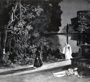 अप्रैल में पहली बार उत्पादन, पेरिस में ओपेरा-कॉमिक में ओपेरा की 1902 में ओपेरा की मौत की तस्वीर से डेब्यू द्वारा पेल्सी की मौत, अधिनियम IV, पेलिस एट मेलिसंडे के दृश्य 4। द्वारा फ्रेंच स्कूल