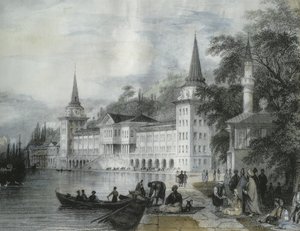 बोस्फोरस, 1840 (रंग उत्कीर्णन) पर डोलमाबासे पैलेस द्वारा फ्रेंच स्कूल