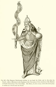 सम्राट शारलेमेन एक हाथ में ग्लोब और दूसरे में तलवार पकड़े हुए हैं द्वारा फ्रेंच स्कूल