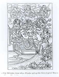 फे मेलुसीन, जिनके फ्लैक्स से किंग्स एंड एम्परर्स के वंशावली ट्री की उत्पत्ति होती है, मध्य युग और पुनर्जागरण में विज्ञान और साहित्य से दृष्टांत, पॉल लैक्र द्वारा लिखित और उत्कीर्ण द्वारा फ्रेंच स्कूल