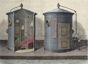 पॉल बर्ट (1833-1887) फिजियोलॉजिस्ट और फ्रांसीसी राजनीतिज्ञ द्वारा हाइपरबेरिक कक्ष। 1855 से उत्कीर्णन। द्वारा फ्रेंच स्कूल