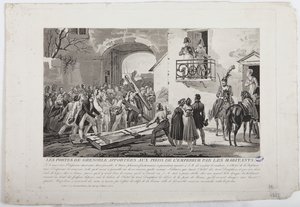 6 मार्च 1815 को मार्टिन के द्वारा प्रकाशित, 1815 में सम्राट के पैरों में ग्रेनोबल के द्वार को प्रस्तुत करते हुए, द्वारा फ्रेंच स्कूल