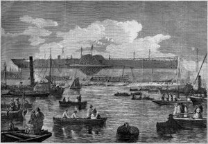 1857 में लॉन्च करने के अपने प्रयास के दौरान "लेविथान" (ग्रेट ईस्टर्न), पहला विशाल लाइनर। 14 नवंबर 1857 को "" ले मोंडे इलस्ट्रे" एन ° 31 में उत्कीर्णन। द्वारा फ्रेंच स्कूल