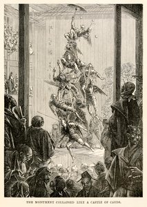 जूल्स वर्ने (1828-1905) द्वारा 'अराउंड द वर्ल्ड इन अस्सी डेज़' से स्मारक ताश के पत्तों के महल की तरह ढह गया। द्वारा फ्रेंच स्कूल