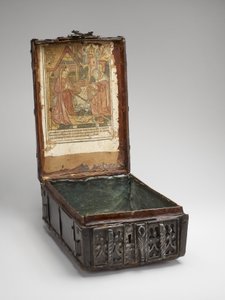 द नेटिविटी, कॉफ़र में, c.1490 (काले हाथ में वुडकट, ब्रश, स्टैंसिल और पानी के रंग से रंगे हुए हाथीदांत पर रखे कागज़ पर लकड़ी, लोहे, चमड़े, घोड़े के बाल और लिनन का निर्माण) द्वारा फ्रेंच स्कूल