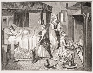 पॉल लैक्रोइक्स (1806-84) द्वारा &39;द मिडल एज एंड द रेनेसां&39; से &39;द हिस्ट्री ऑफ द बेले हेलन&39; में 15 वीं शताब्दी के लघु उपन्यास के बाद द न्यू बोर्न चाइल्ड द्वारा फ्रेंच स्कूल