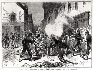 पेरिस कम्यून: एक बैरीकेड इस्से, 2 मई 1871 (उत्कीर्णन) (bw फोटो) द्वारा फ्रेंच स्कूल