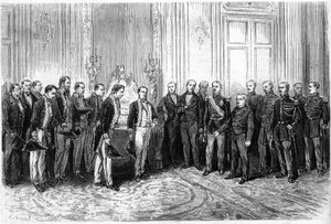 फ्रांसीसी गणराज्य के राष्ट्रपति एडोल्फ थियर्स (1797-1877) ने एलिसी पैलेस में जापानी राजदूतों की अगवानी की। जनवरी 4 के "" ले मोंडे इलस्ट्र्रे "" n°821 में उत्कीर्णन द्वारा फ्रेंच स्कूल