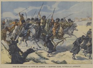 रूस-जापानी युद्ध: कोसैक्स ने जेनसन, कोरिया (रंग लिथो) के उत्तर में एक छापेमारी में एक जापानी गश्ती दल को आश्चर्यचकित कर दिया। द्वारा फ्रेंच स्कूल