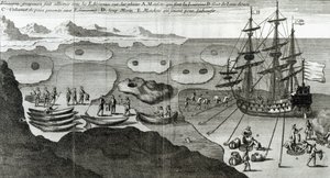 1753 में प्रकाशित बेकेविले डी ला पोथेरी (1663-1736) द्वारा &39;हिस्टोइरे डी ल&39;अमेरिक सेपेंट्रियनेल&39; से एस्किमो के साथ जहाज बनाना गठबंधन द्वारा फ्रेंच स्कूल