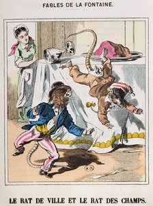 द टाउन माउस एंड द कंट्री माउस, 'Fables de La Fontaine' (रंगीन उत्कीर्णन) से द्वारा फ्रेंच स्कूल