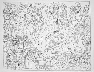 चुड़ैलों सब्बाथ, पियरे डी लैंक्रे, पेरिस 1612, द्वारा पगले डे लिनकोन्स्टेंस डेस मौविस एग्स के एक चित्रण की नकल, 19 वीं सदी के उत्तरार्ध में प्रकाशित एक जादू के इतिहास में इस्तेमाल द्वारा फ्रेंच स्कूल