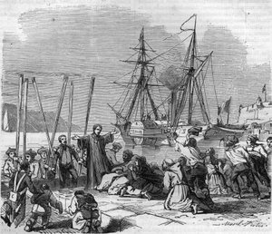 पोप पायस IX (पियस IX या Pio IX) का आगमन, जिसका नाम गियोवन्नी मारिया मस्ताई फेरेटी (1792-1878) था, तेनारे नदी पर सिविता वेक्चिया (सिविता-वेक्चिया) में। मौरिक द्वारा "हिस्टोइरे डेस पेप्स-रोइस-क्वीन एंड एम्पीयरर्स ए ट्रैवर्स लेस सेंचुरी" में उत्कीर् द्वारा फ्रेंच स्कूल