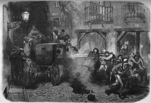 जुआन प्राइम वाई प्रैट्स (1814-1870), स्पेनिश जनरल और राजनेता की हत्या, कोर्टेस से बाहर निकलने पर, 28 दिसंबर 1870 को मैड्रिड में स्ट्रीट डेल टर्को में। 25 फरवरी 1871. द्वारा फ्रेंच स्कूल