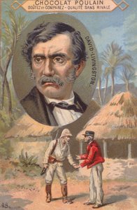 खोजकर्ता डेविड लिविंगस्टोन (1813-73) और 27 अक्टूबर 1871 को उज्जी में स्टैनली (1840-1904) के साथ उनकी मुलाकात, ट्रेड कार्ड विज्ञापन पुलेन चॉकलेट