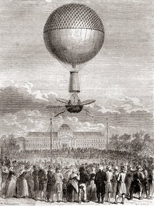 2 मार्च 1784 को जीन-पियरे फ्रांकोइस ब्लैंचर्ड की पहली सफल गुब्बारा उड़ान, लेस मर्वेल्स डे ला साइंस से चैंप डे मार्स, पेरिस, फ्रांस से लॉन्च किए गए हाइड्रोजन गैस के गुब्बारे में, c.1870 (उत्कीर्णन) प्रकाशित हुई। द्वारा फ्रेंच स्कूल