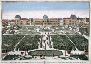 Tuileries के उद्यान और महल - उत्कीर्णन द्वारा फ्रेंच स्कूल